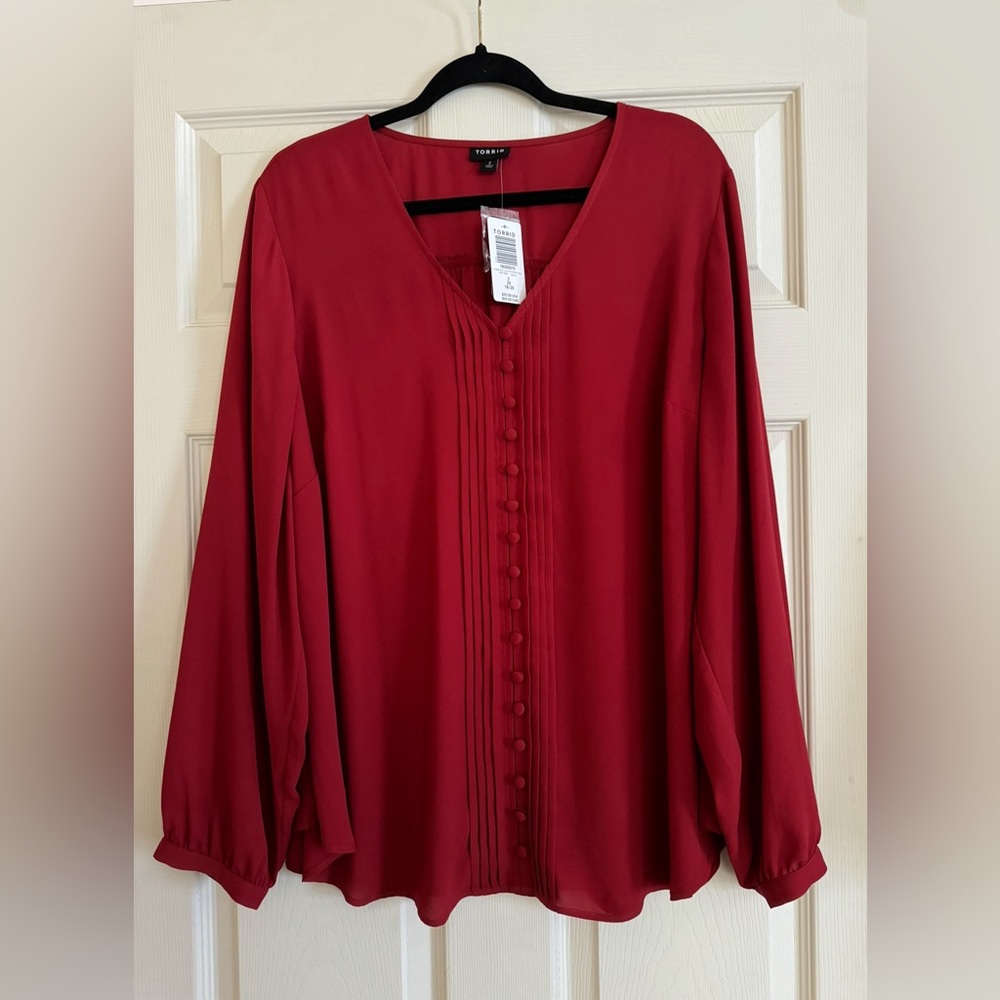 Torrid Dark Red Georgette Pintuck Long Sleeve Button Down Blouse